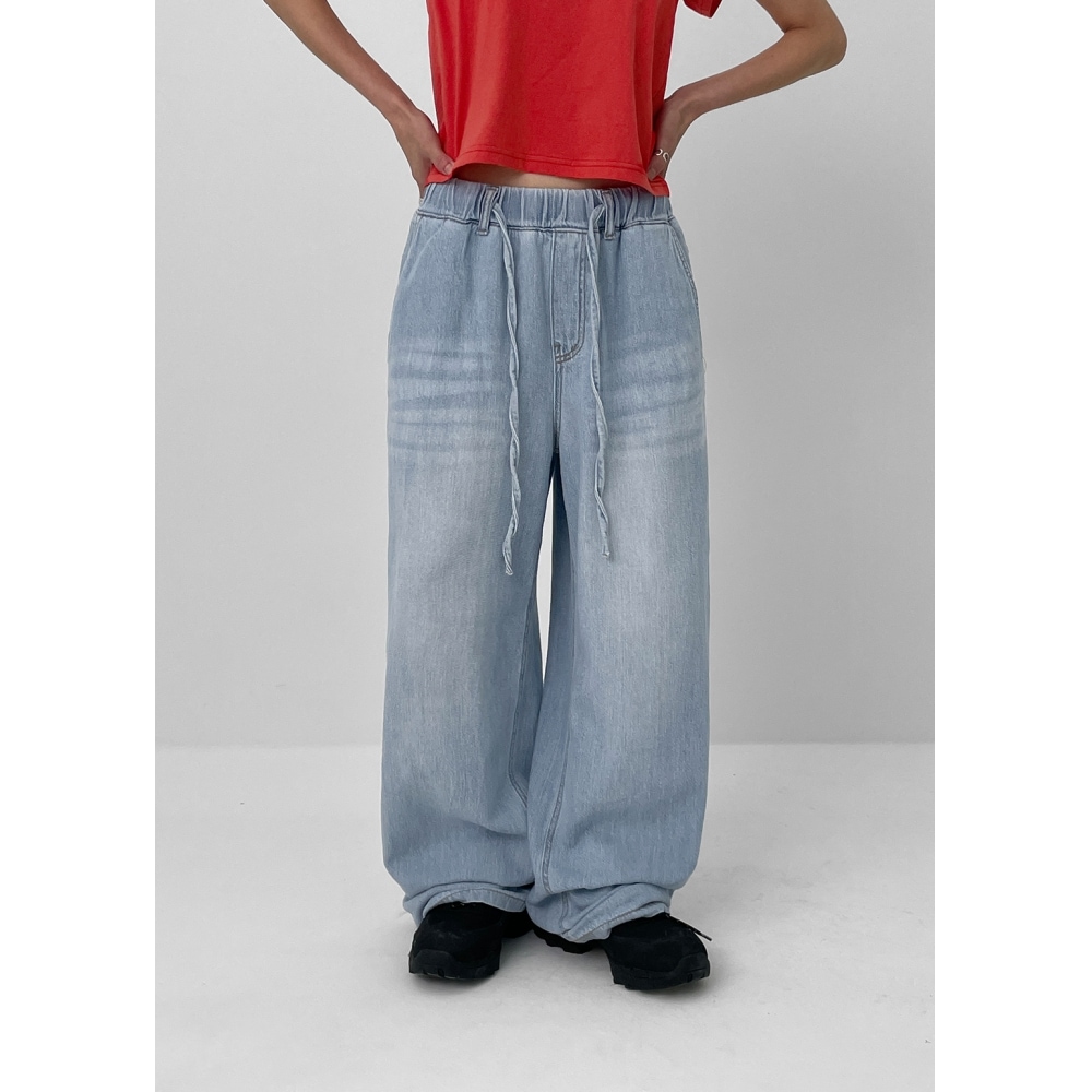 ブラックアップボップサマーバンディングワイドデニムパンツ