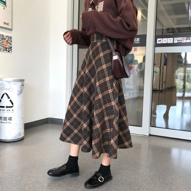 ロングスカート チェック柄 フレアスカート 大きいサイズ レディース スカート ロング ミモレ丈 aライン 格子 ハイウエスト 春 秋 冬 茶