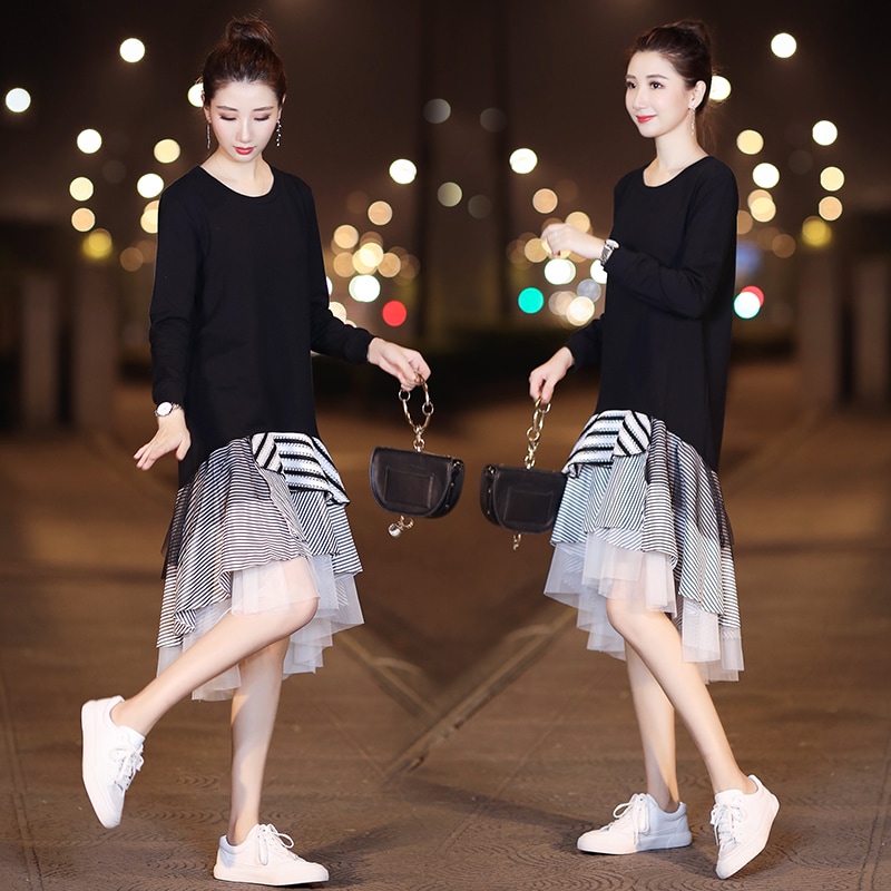 レディース ワンピース レーススカート 膝丈 膝下 アシンメトリー 長袖 萌袖 Uネック フレア Aライン 切り替え 裾ワイド シフォン 切り替えデザイン ドッキング 薄手 大人可愛い きれいめ