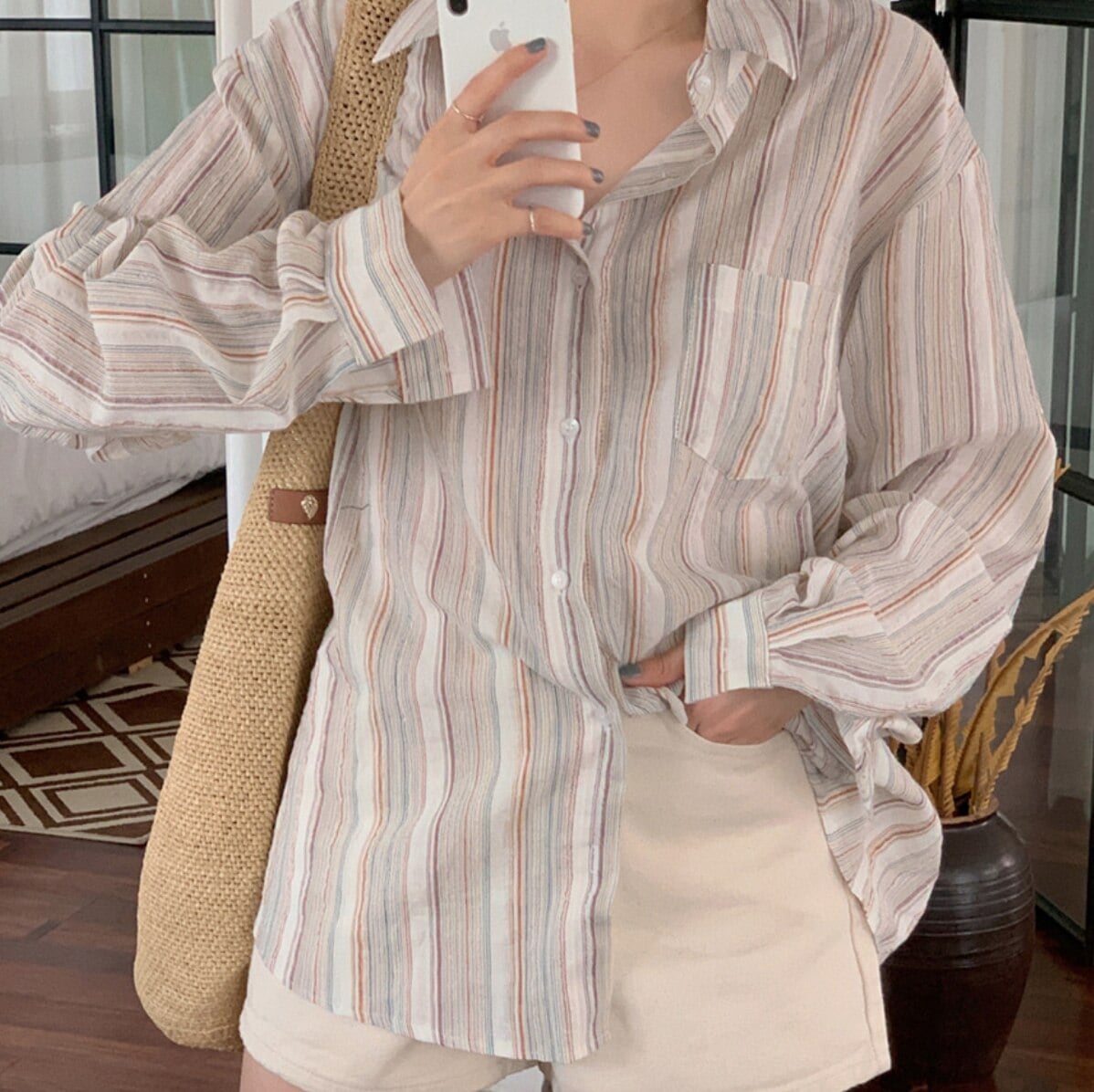 トップス デート かわいい 大人可愛い きれいめ シンプル カジュアル 大人 上品 おしゃれ お洒落 長袖 シャツ ストライプ 襟付き 韓国 アプリコット Fサイズ 楽ちん 休日 コーデ 着回し モテ