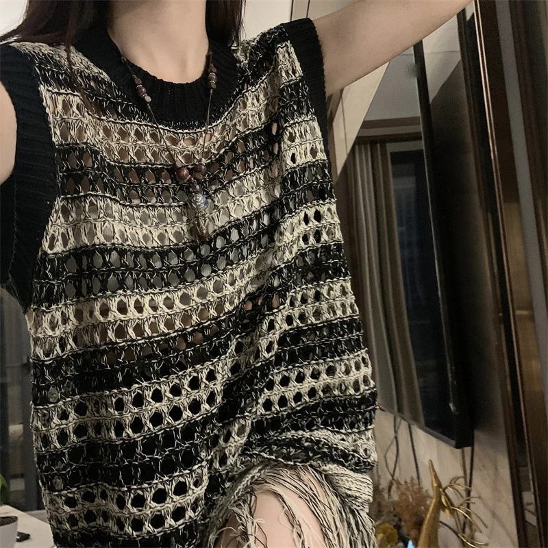 サマーニット ロング レディース ボーダー 透かし編み ノースリーブ ラウンドネック 襟なし フリンジ クロシェ ゆったり 大人可愛い 透け感 おしゃれ エスニック お出かけ イベント フリーサイズ