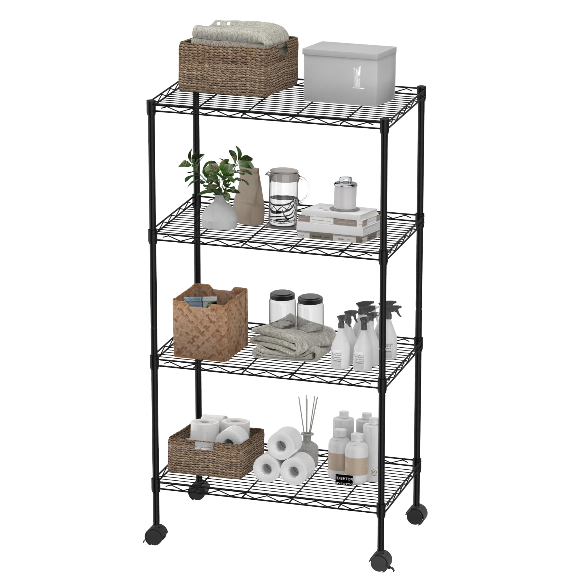 スチールラック CJ1 キッチンラック メタルラック 4段 幅60cm 収納棚 総耐荷重80kg キャスター付き 棚板上下調整可能 工具不要 防錆