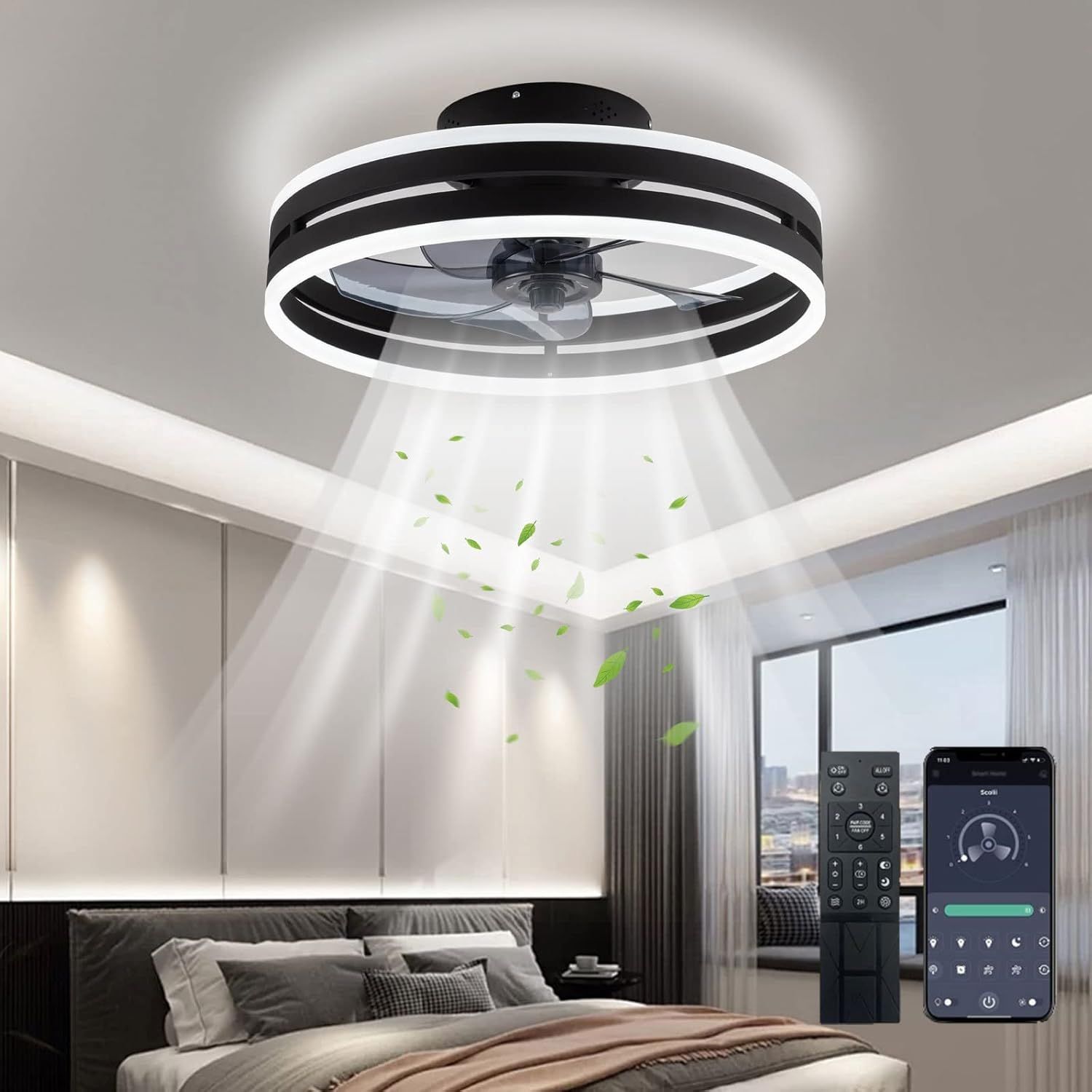 シーリングファンライト LED天井ファンライト 静音ファン付き照明 シーリングライト リモコン付き調節可能な風速 (黒 50cm)