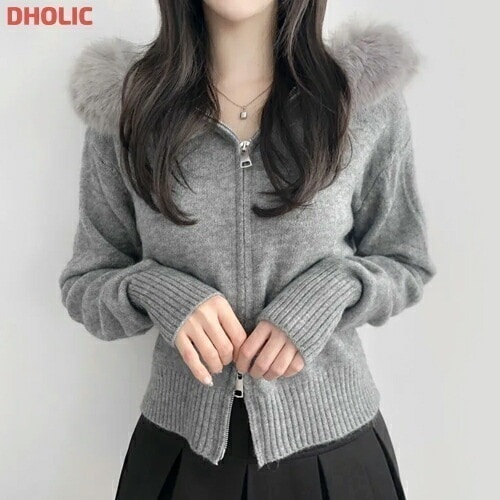 ダブルジップエコファーフードカーディガン