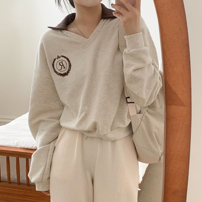 韓国の女性ファッション/ [3color] オープン襟配色カラースウェット ts1249 5,410円