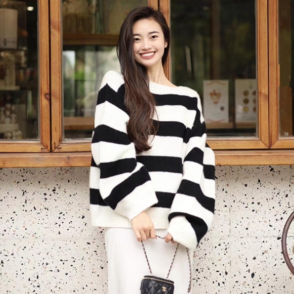 レディース トップス セーター 普通丈 長袖 袖あり ラウンドネック 襟なし ウール かわいい 大人可愛い シンプル カジュアル おしゃれ レトロ ラフ ルーズ ナチュラル ストライプ 秋 冬 20代