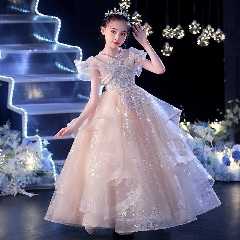 女の子のドレスプリンセスドレスファッショナブルな花の腫れた光沢のある光沢のある光沢のある子供たちのホストバースデーショーピアノパフォーマンスコスム