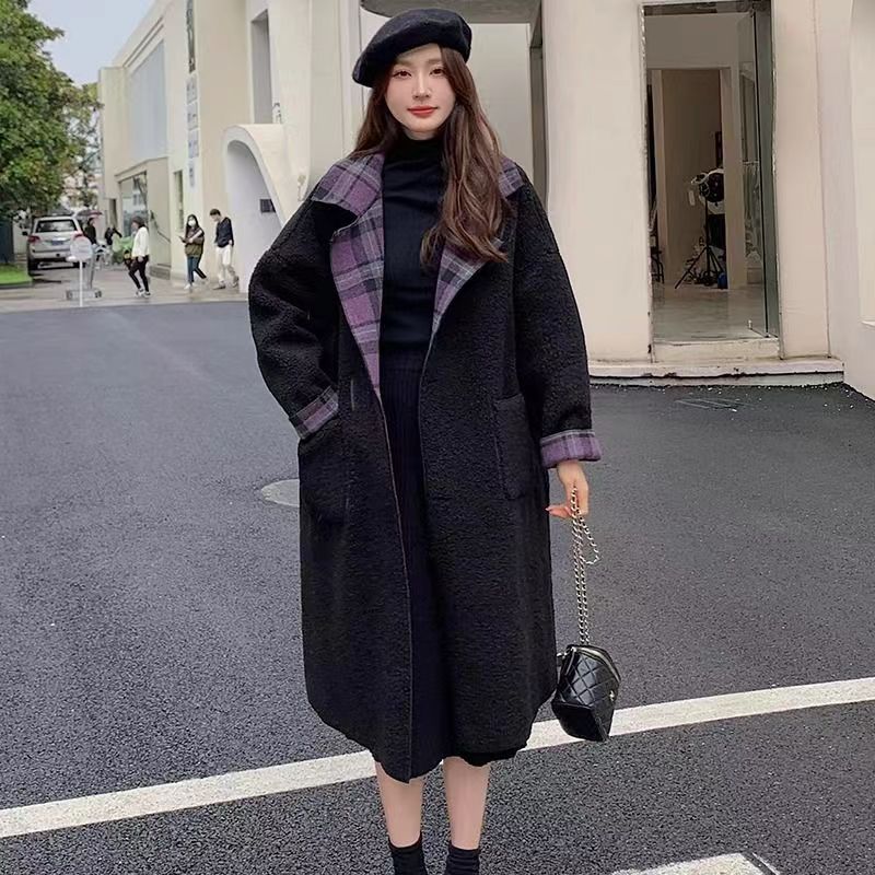 感 パープルチェック 厚手 コート ゆったり ロング丈 ラシャ ファッション アウター