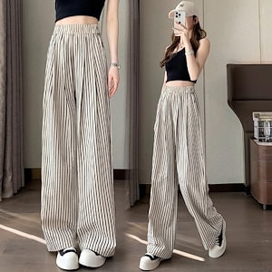 本の限定品ワイドパンツワイドパンツレディースカジュアルワイドパンツ夏の作ハイウエストドローストリングワイドパンツスリムなドレープストレートレッグパンツ細身のストライプパンツ