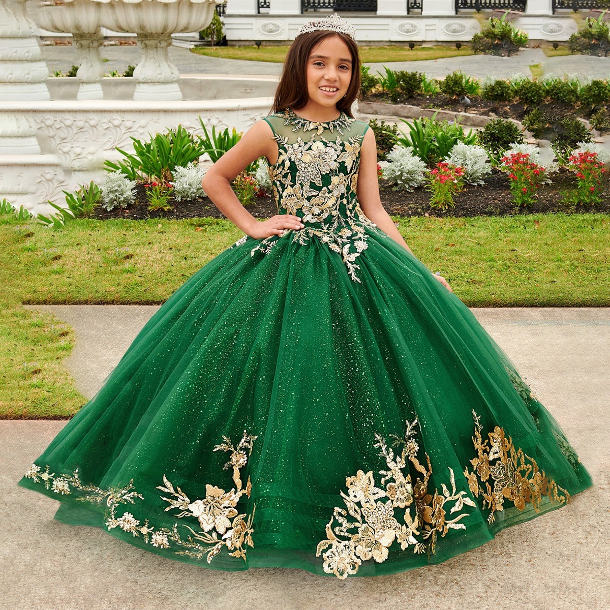 子供ウェディングドレスレースアップリケノースリーブドレス女子クリスマスパーティー女子パフドレス