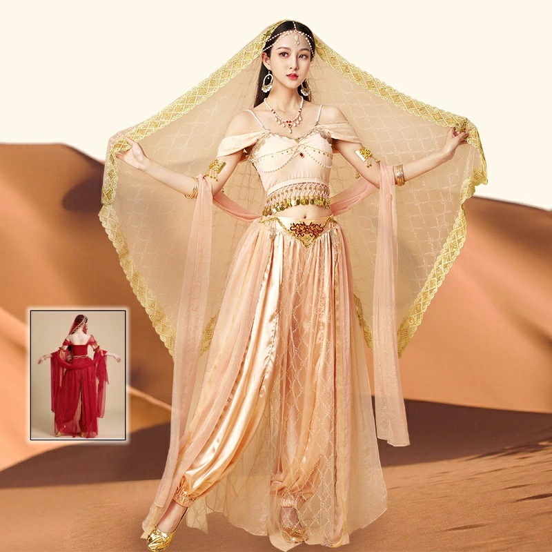 ベリーダンス衣装 レディース アラビアン衣装 豪華セット パンツ プリンセスコスチューム エキゾチック へそ出し セクシー 舞姫 舞娘 ベリーダンス レッスン着 練習着 大人コスチューム ダンス衣裳