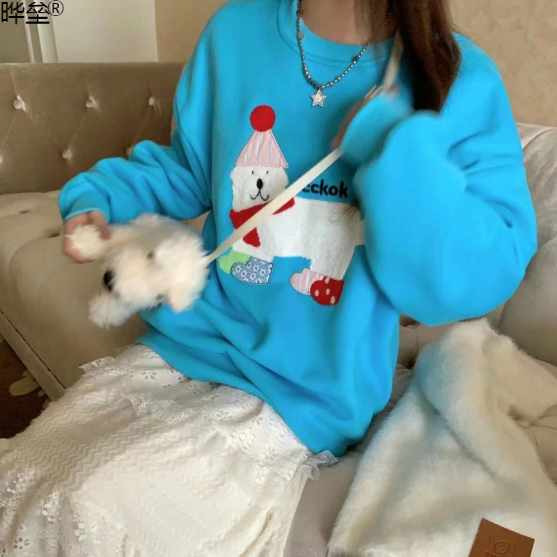 クリスマス子犬タオル刺繍スウェットシャツ 2024 秋冬ルーズな新しいスタイルプラスベルベット多用途トップイェ