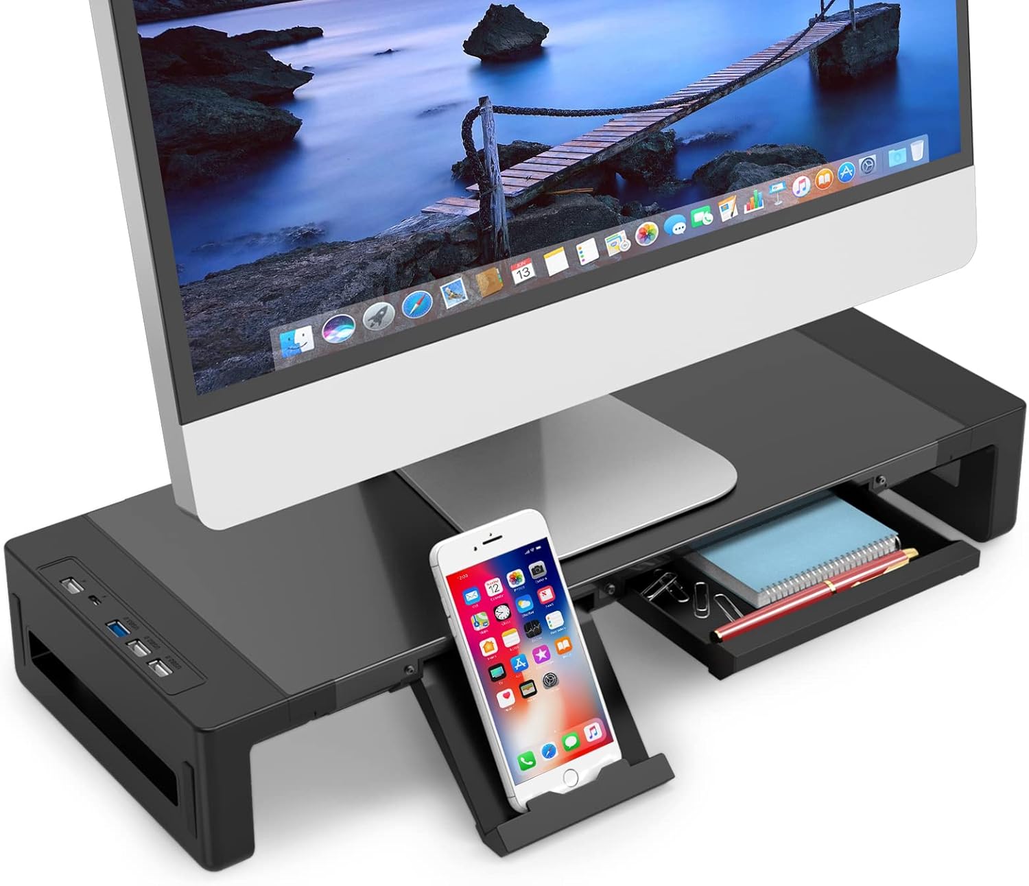 USB充電機能付きスチール製モニター台 耐荷重30kg 引き出しとスマホホルダー付き サイズ52x20x8.5cm