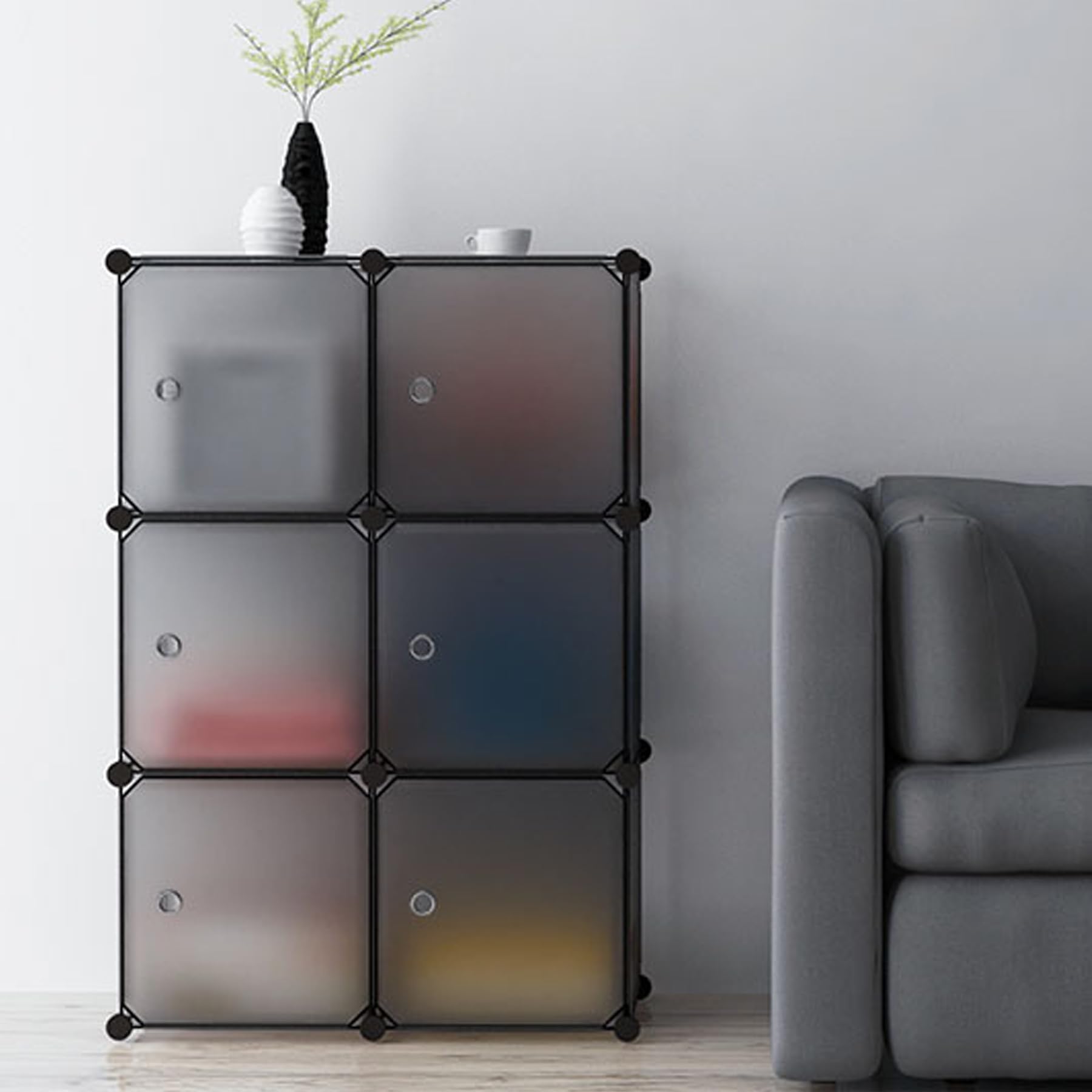 AYO 収納棚 大容量 収納ラック 組み立て式 棚 ラック 簡単組立 整理棚収納 ボックス 本棚 衣類収納 耐久性 省スペース スチール性 インテリア おしゃれ 多用途 (扉付き 半透明ブラック,6ボ