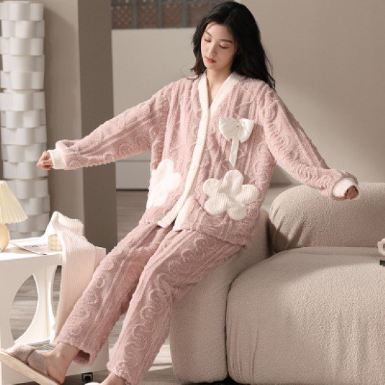 【取寄:納期2週間】ルームウェア レディース パジャマ ホームウェア 部屋着 おうち服 Vネック フロントボタン 前開き ピンク グリーン フラワーモチーフ リボン 暖かい ゆったり リラックス