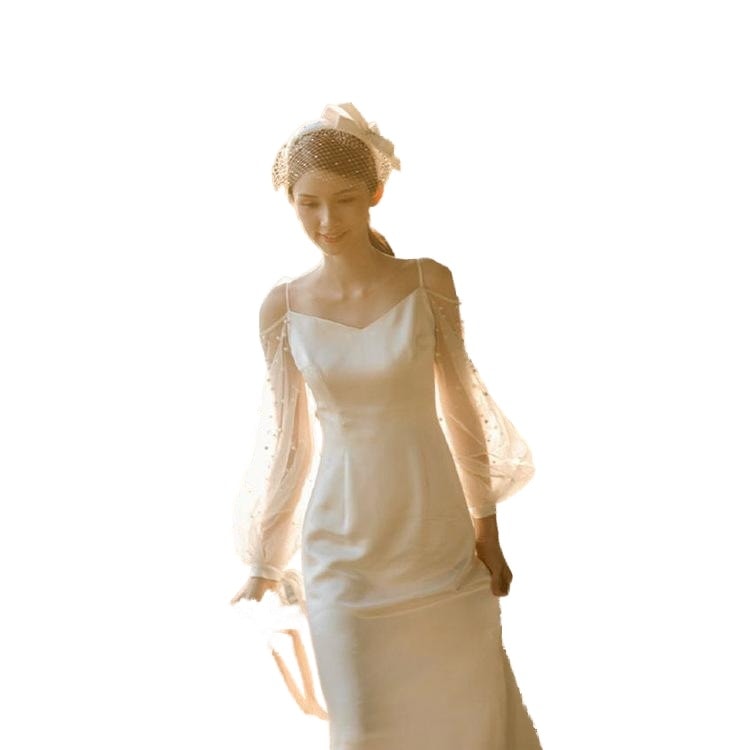 パーティードレス ウェディングドレス 二次会 花嫁 結婚式 Aライン 長袖 シンプル ウエディングドレス 安い 白 安い エンパイア 花嫁 フォトウエディング ビー003-165