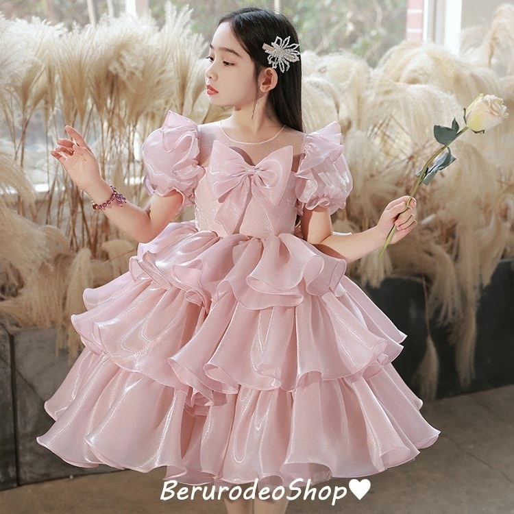子供ドレス ピンク フリル リボン 可愛い 女児ドレス プリンセスドレス 誕生日 パーティー ギフト プレゼント 女の子ドレス 光沢 高級感 ピアノ発表会 演奏会 キッズドレス ミディアム丈 100