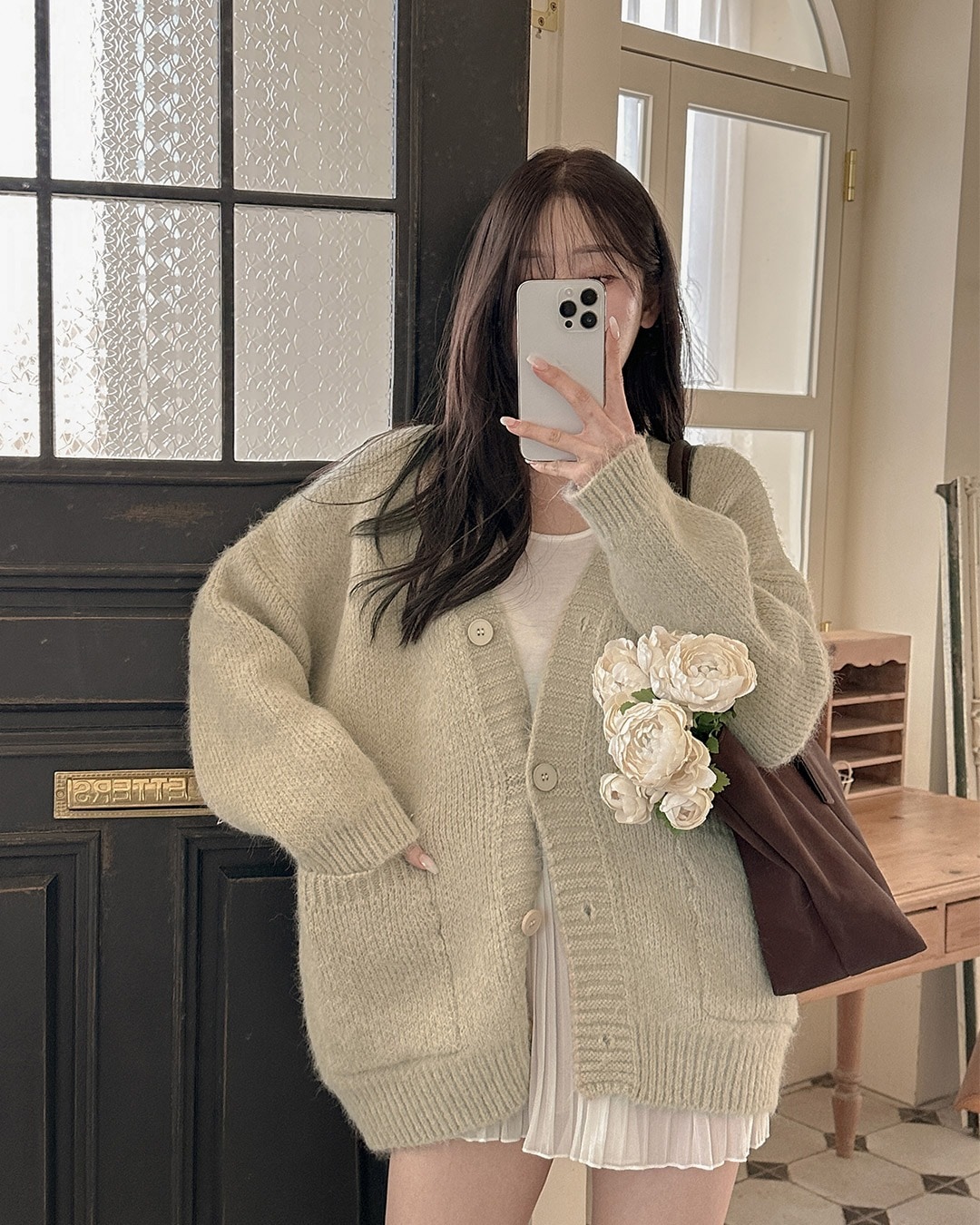 ロング丈Vネックカーディガン韓国ファッション レディース
