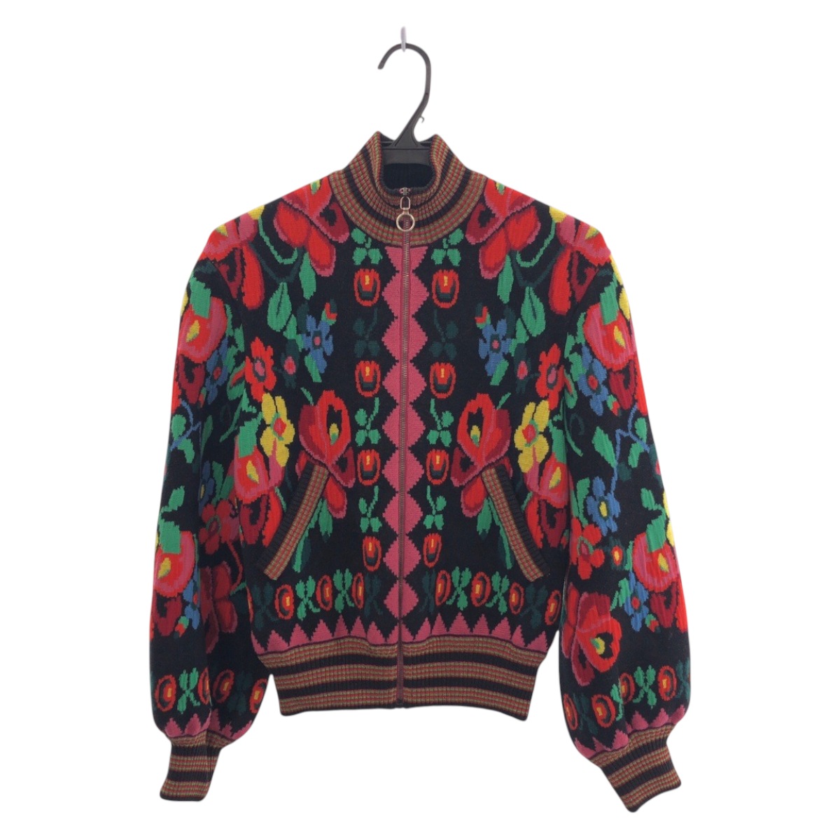 美品 花柄 サイズXS レッド マルチカラー シルバー金具 ウール/レーヨン 490210 X9F80 ブルゾン ジャンバー レディース 411477