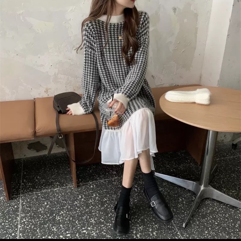 2色 ワンピース 長袖 春 秋 冬 きれいめ カジュアル かわいい ロング aライン ニット ワンピ チュールスカート コクーンスカート タイトスカート ニットスカート ロング ロング丈 マキシ マキ