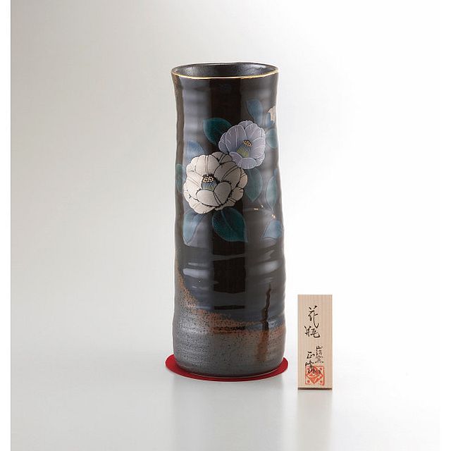 美濃焼 10号黒伊賀長花瓶 プラチナ山茶花