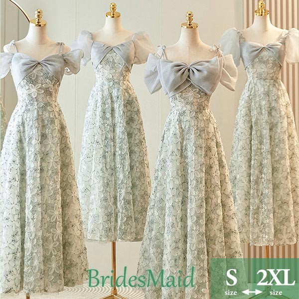 ブライズメイド ドレス ミモレ丈ドレス 総レース 花柄刺繍 ライトグリーン 演奏会 ピアノ発表会 キャミソール バフスリーブ ポワン袖 Aライン ワンピース レディース 編み上げ 袖付き 花嫁付き添い
