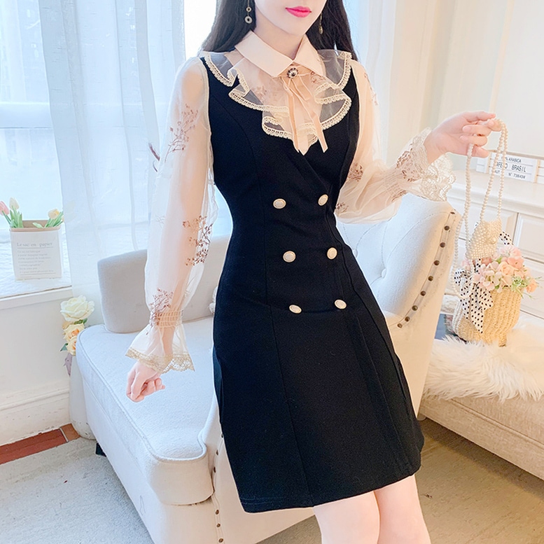 ワンピース レディース 異素材コンビワンピース レース 切り替え ドレス ブラウス