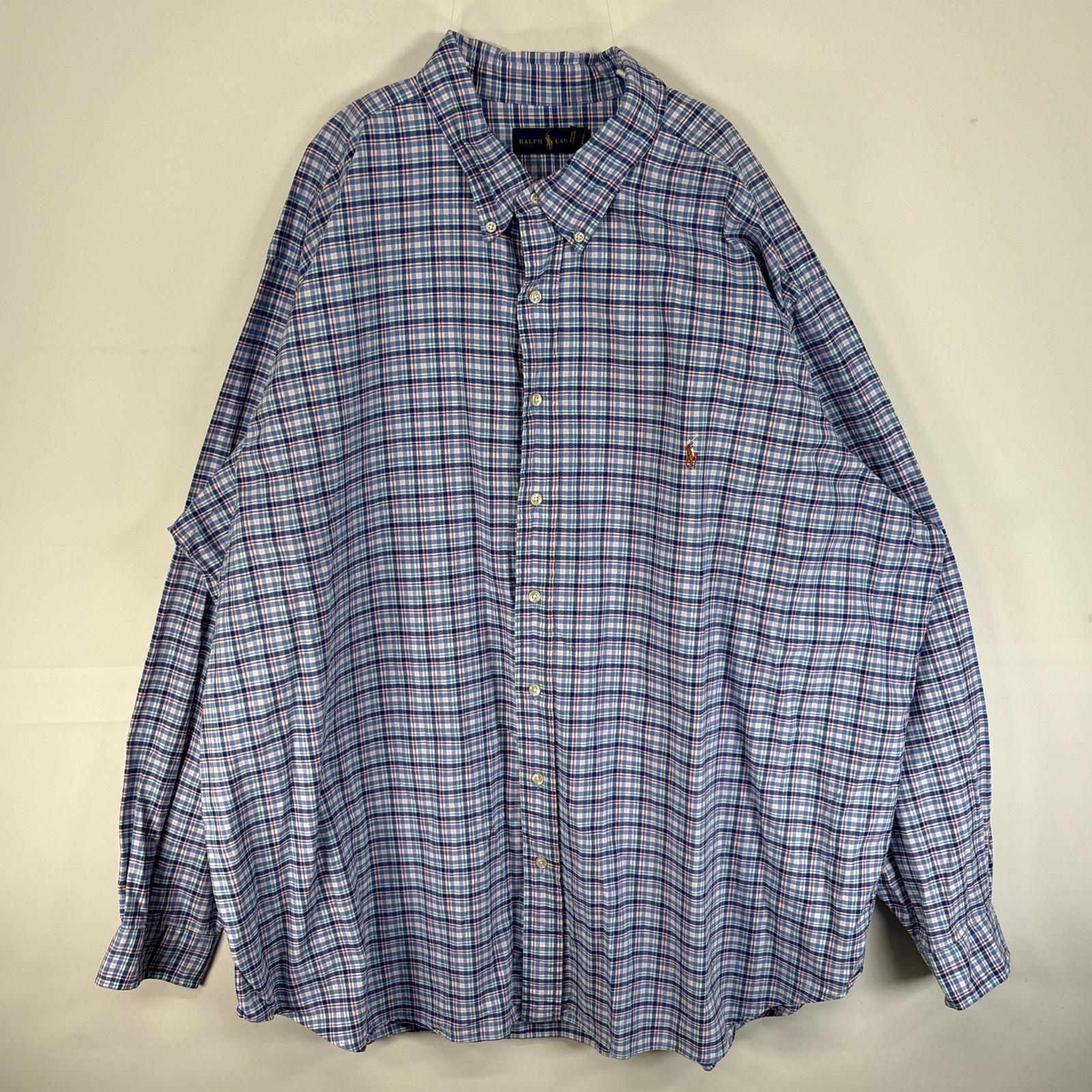 古着 長袖シャツ ロゴ 刺繍 チェック 大きいサイズ 3XL ブルー系 マルチカラー メンズ