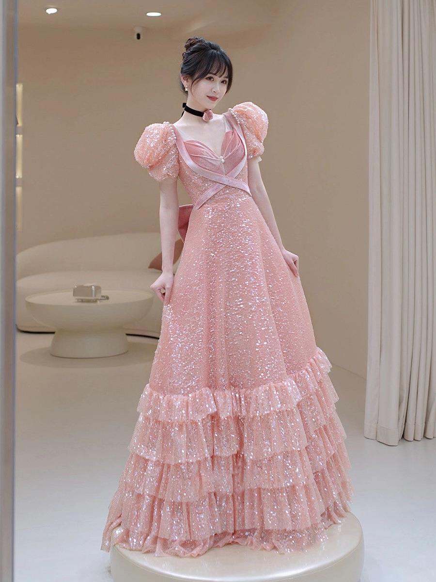 光沢のあるピンクのスリムフィットディープvネックプリンセス服花嫁宴会エレガントなドレス