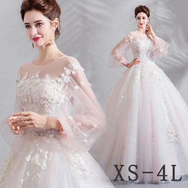 花嫁 ウエディングドレス イリュージョンネック プリンセスライン 白ドレス 花柄 Aライン 編み上げ フレア袖 袖あり ワンピース プリンセス かわいい シンプル 結婚式 披露宴 前撮り 後撮り 撮影