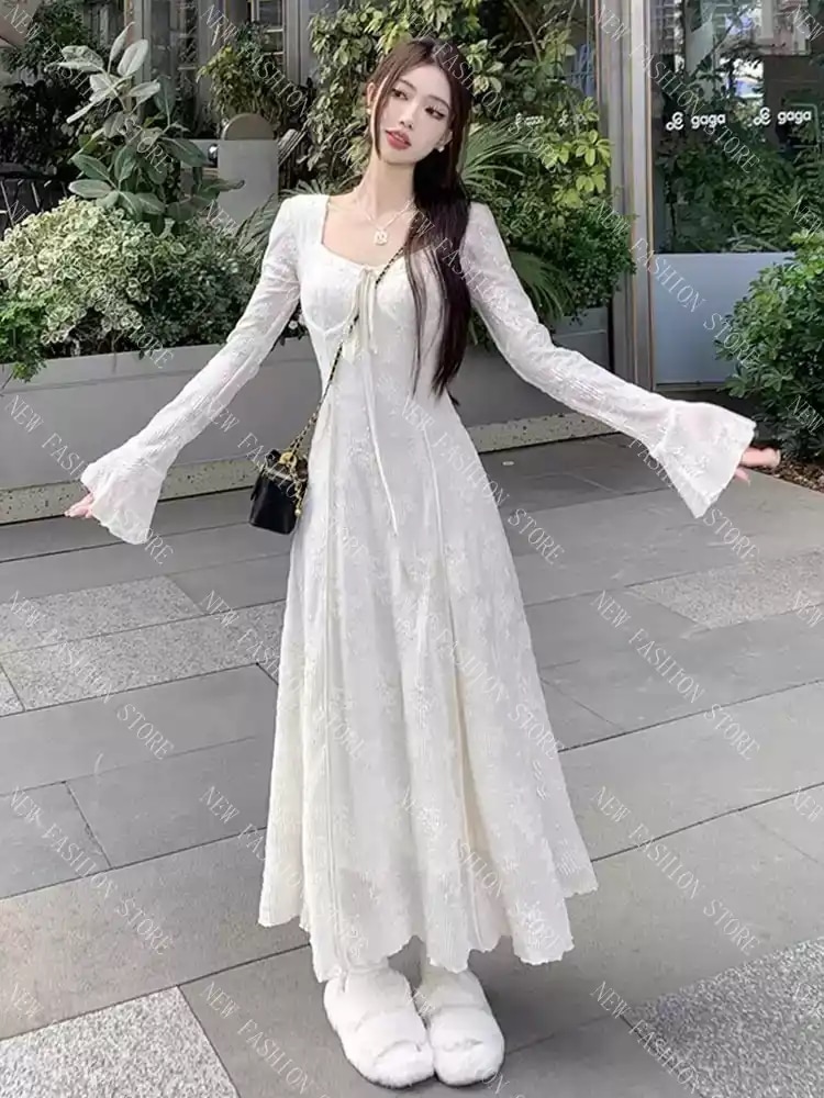 レース長袖ワンピースレディース秋冬ロングスカート-23