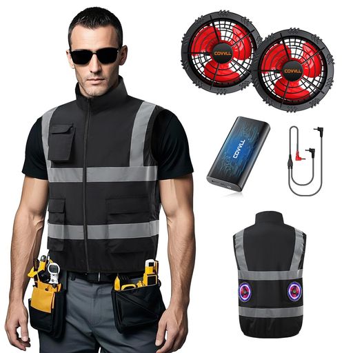 [COVVLL] 空調作業服 ファンバッテリーセット 2025新 30000MAH大容量 28V超高出力 ファン付きベスト 反射プリント付き 4段階風量調節 超長時間送風 薄い 軽量 UVカット 冷却