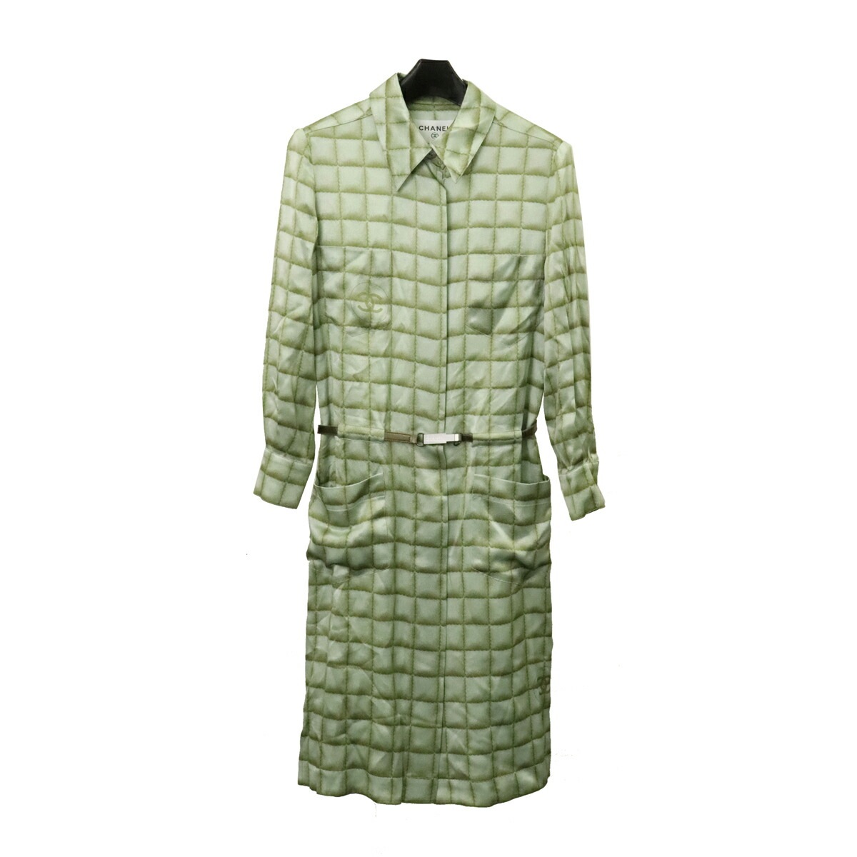 ココマーク チェック シャツドレス ワンピース 長袖 ひざ丈 シルク100% グリーン #3