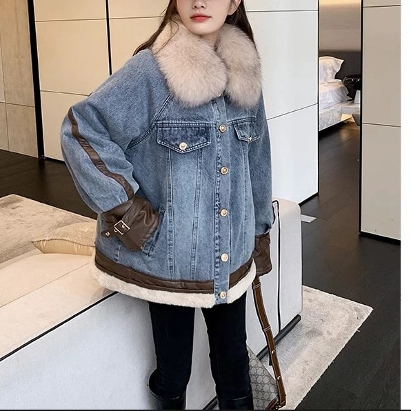女性用のゆったりとしたベルベットと厚みのあるファーの襟とレザーデニムジャケット高級品質の綿の衣類