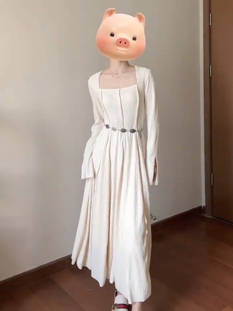 白フレンチスクエアネック長袖ワンピース子供春2023新しいシニアの感覚ウエスト細い気質ロングスカート 4,683円