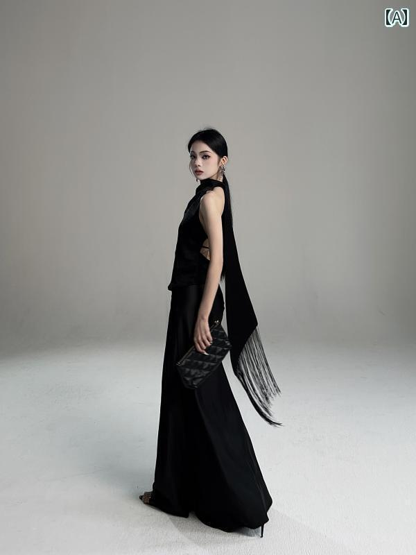 ホルターネック レディース トップス ホルターネック レディース トップス 楚 宇 奇 独特な 魅力 ホルターネック バック レス 高級 タッセル リボン 不規則 トップス 1762