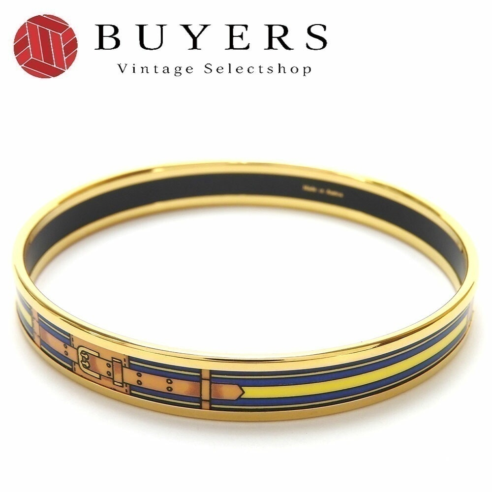 中古 エルメス バングル ブレスレット エマイユ アクセサリー 小物 ベルト柄 七宝焼き ゴールド ブルー イエロー メッキ レディース 女性 hermes bangle accessories go