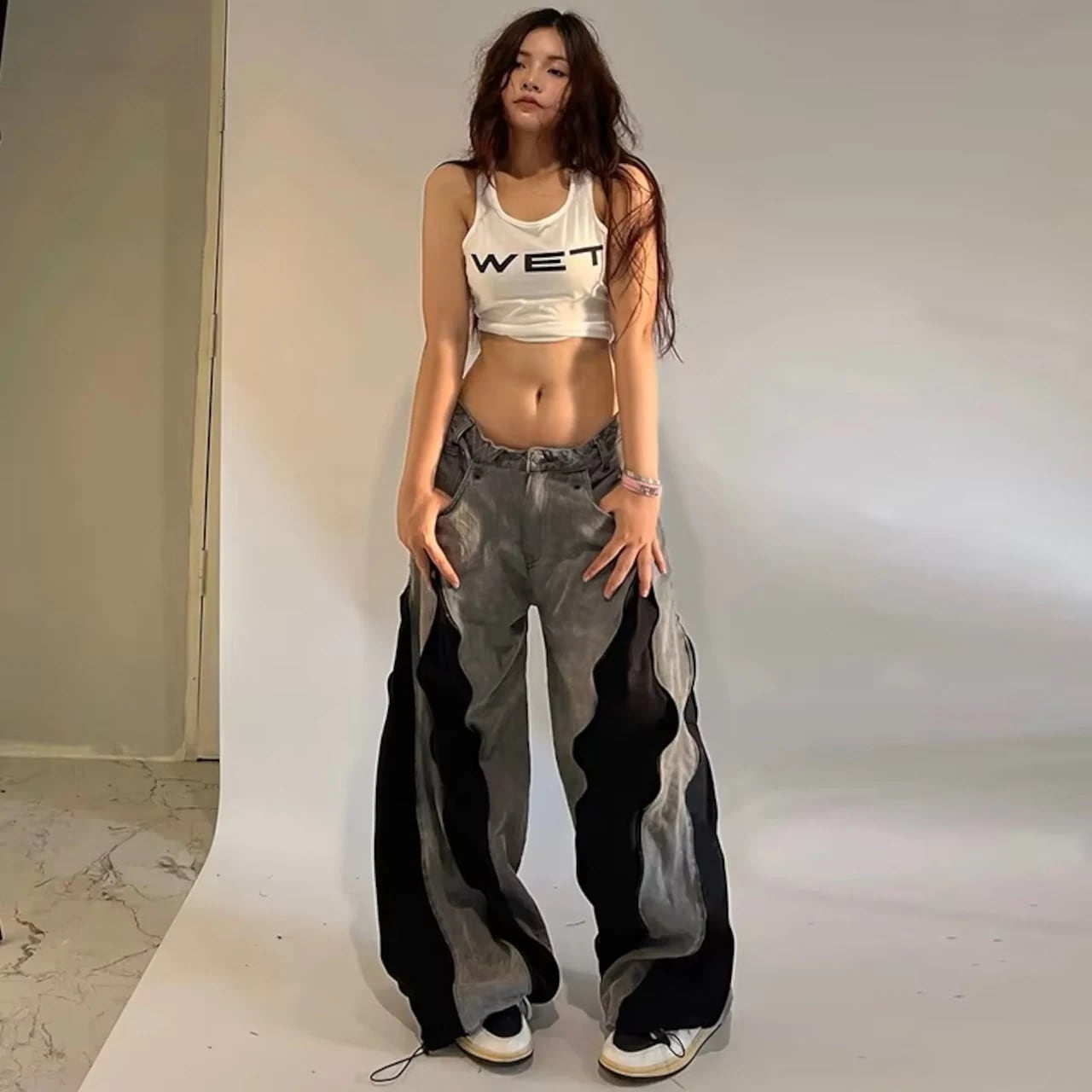 2025春夏 ファスナー 切替 フレア ロング パンツ 2way 配色 バイカラー 韓国 ストリート系 Y2K ダンス 衣装 K-PP レディース ファッション