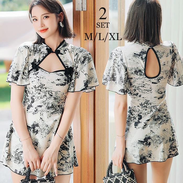 【急速出荷!】1つ買うと10個30代 体型カバー 2点セット ショートパンツ チャイナ風 花柄 ワンピース ワンピース水着 代 ママ水着 可愛い おしゃれ 水着 レディース オトナ女子 リゾート