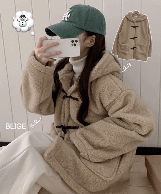 [ワンタスプ！/両面ミンク/モコモコ] ヘミング オーバーフィット ボア パーカー トッポッキ コート (3color)