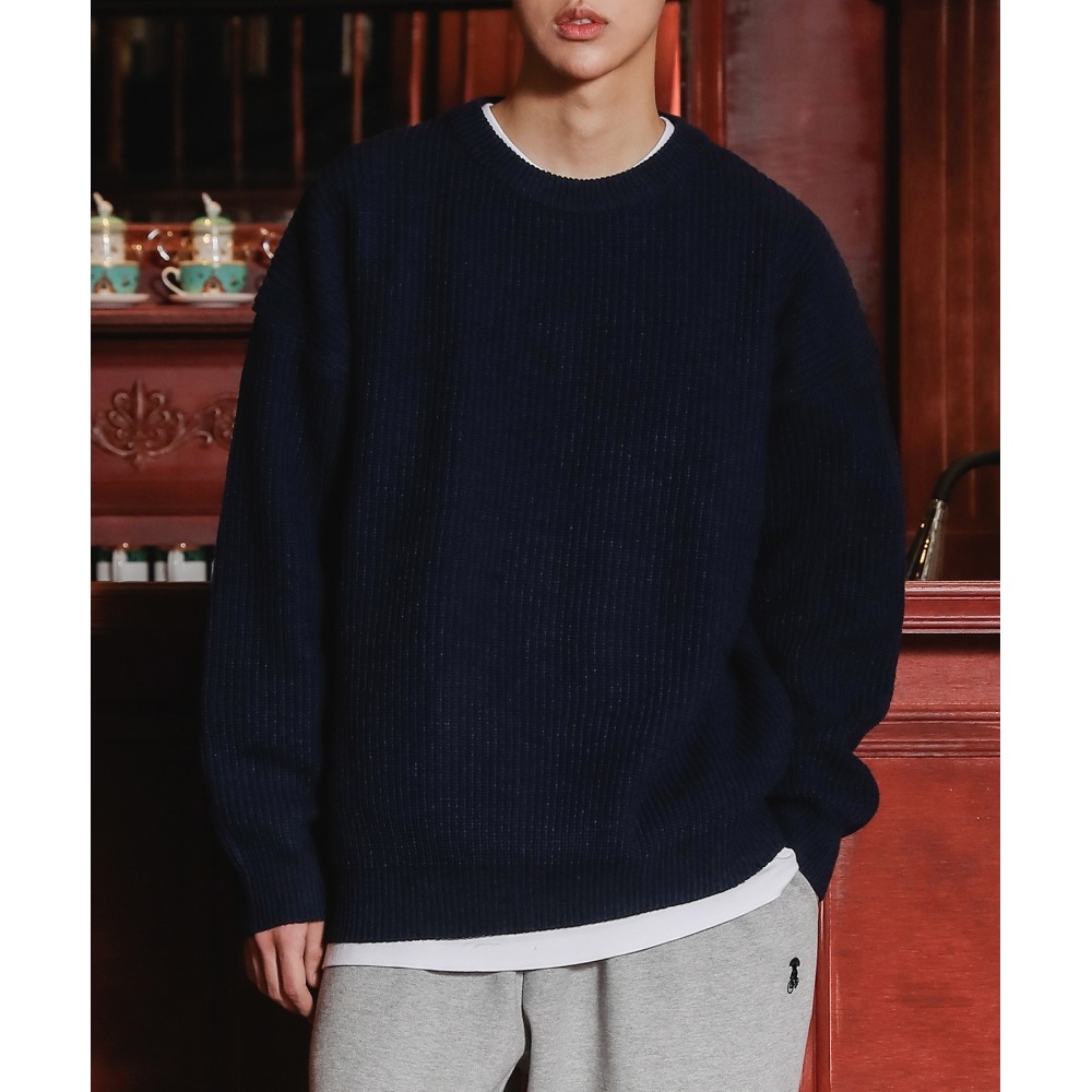 TAKEASY ラムスウールクルーネックオーバーニット（ヘザーネイビー）