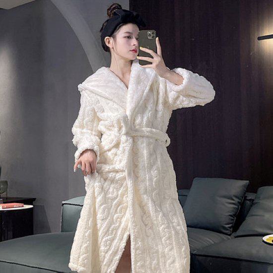 ナイトガウン レディース ロング ナイトウェア 羽織 ウエストベルト 部屋着 リラックス 秋冬 暖かい シンプル カジュアル 長袖 ルームウェア フード付 おしゃれ エレガント 大人 ホワイト ピンク