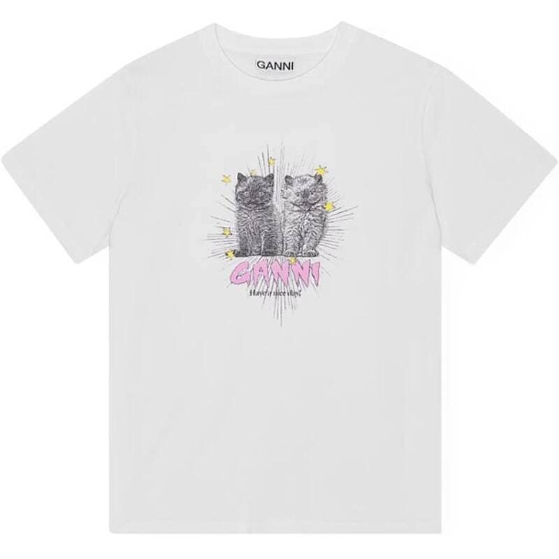 GANNI T4060 151 猫のロゴ入りレディース半袖Tシャツ