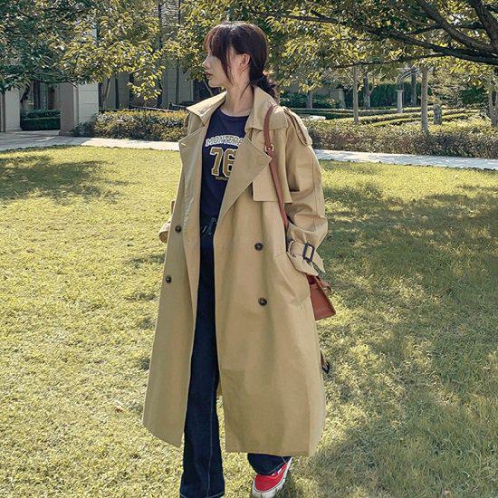 トレンチコート レディース ロング丈 コート ベージュ ブラック ブルー 黒 S M L ウエストベルト ベルト付き ハイウエスト かわいい 体型カバー 無地 シンプル おしゃれ 定番 合わせやすい