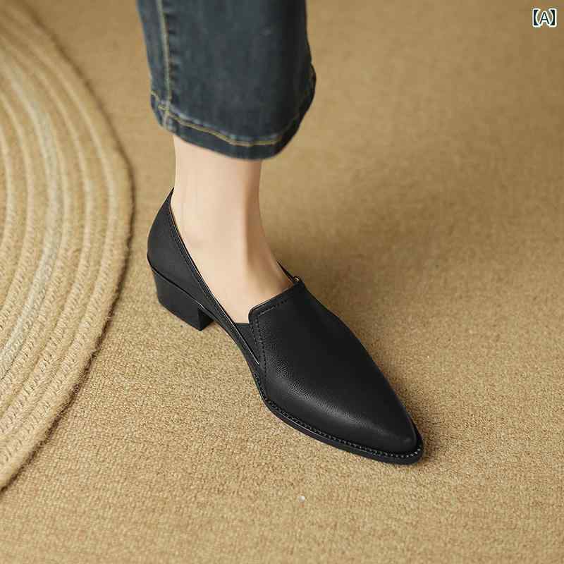 ローファー レディース 通勤 オフィス 仕事 フレンチ レトロ 厚手 ヒール シングル シューズ 女性 ミディアム ヒール 4センチメートル ポインテッドトゥ 革 ソフト シープスキン 快適 小さい