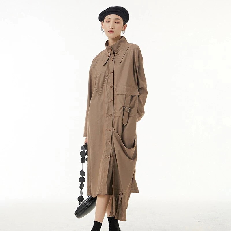 可愛いハイネックシャツワンピース長袖カーディガン韓国ファッションレディース秋服ロング無地合わせやすい着痩せ効果美脚 母の日30%までに制限