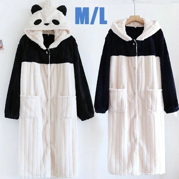 ルームウェア もこもこ クマ耳 パンダ耳 尻尾付き ナイトガウン 前ボタン 動物 アニマル レディース メンズ 冬 長袖 ペアルック カップル オーバーサイズ 大きめ 厚手 着ぐるみ フード付き ポケ