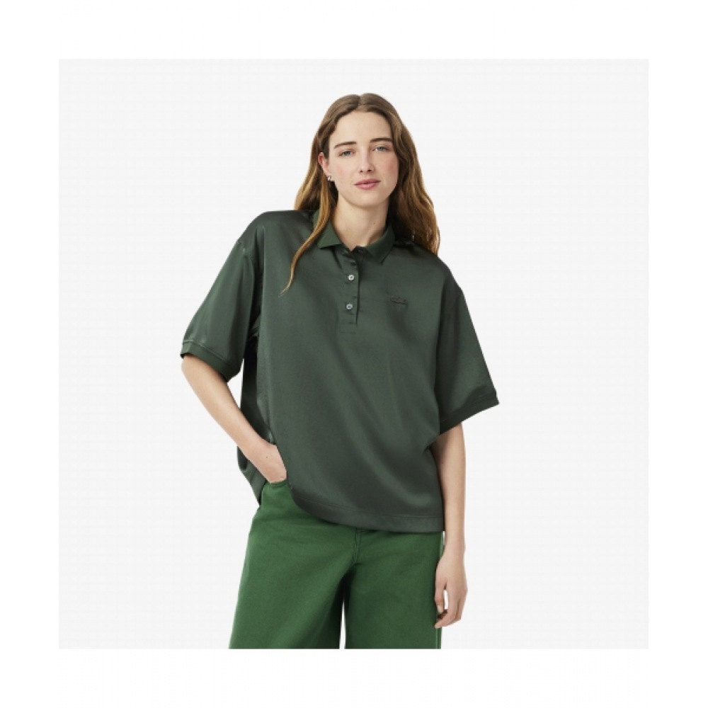 LACOSTE レディース オーバーサイズ シルキー フルイド シャツ [カーキ]