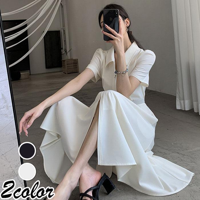 シャツワンピース レディース マキシ丈ワンピース 春夏 半袖ワンピース 白ワンピース パフスリーブ フレアスカート 大きいサイズ オシャレ通勤 大人上品