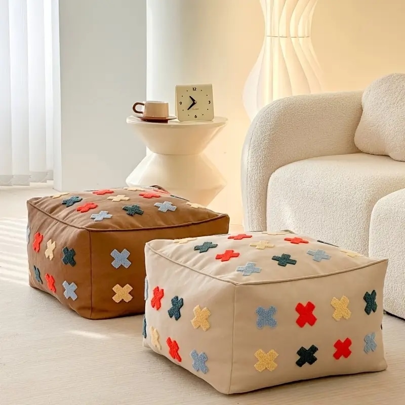 モダン・ノルディック スクエア シートクッション - ポリエステル マルチカラー 幾何学模様のシューズスツール＆ホームデコ トレイトップ付きコンパクトなリビングルーム エントランス アクセント スツ